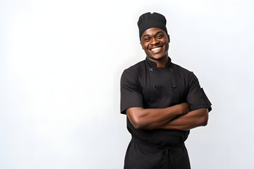 Obraz na płótnie Canvas smiling black African-American chef in a black uniform with crossed arms, on a white background