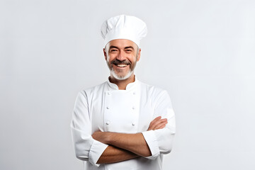 smiling middle-aged European chef in a white uniform with a gray beard, on a white background