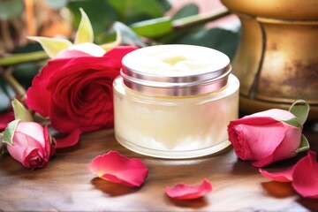 closeup of a jar of anti-aging cream with roses around