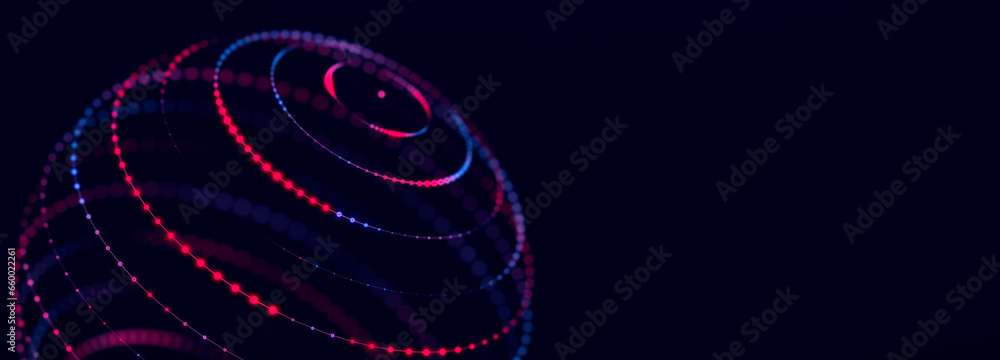 Poster 3d abstract sphere. sphere particles on dark background. science and technology. 3d