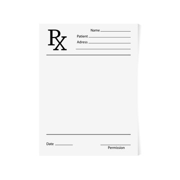 Doctor and Pharmacist RX Notes Pad or Medication Document. Rx prescription blank isolated on white background. Form of a regular prescription. Paper business concept. Vector illustration