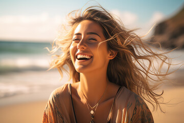 Beach Bliss Radiant and Joyful Woman Basks in Sunlight, Reveling in a Relaxing Vacation by the Ocean. created with Generative AI