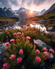 Serene Sunset in the Mountain Landscape,landscape with flowers,sunrise in the mountains