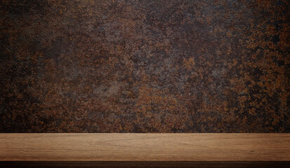 wooden table at foreground with aged grunge rusted metal texture at background for product displayed in rustic mood. oak wooden table with rust and oxidized metal background.