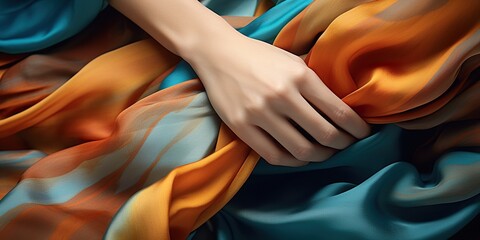 Fingers delicately feeling the material of a silk scarf, contrasting colors in each hand , concept of Tactile perception