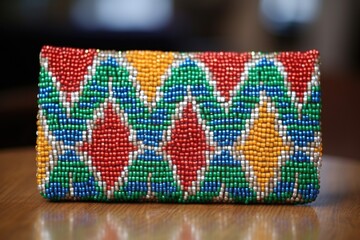 multicolored beaded clutch on a simple tablecloth