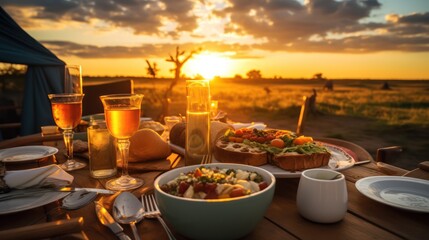 Dinner outdoors against the backdrop of nature and sunset