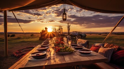 Dinner outdoors against the backdrop of nature and sunset