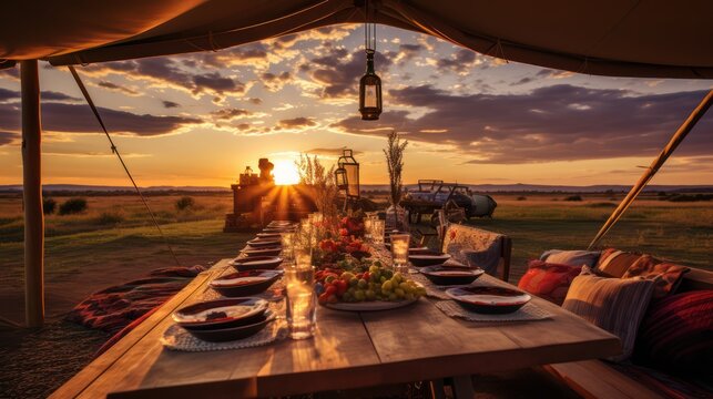 Dinner Outdoors Against The Backdrop Of Nature And Sunset