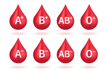 Blood group vector icons isolated on white. Drops of blood with blood type. Donation, DNA test. Blood test. Vector illustration - obrazy, fototapety, plakaty