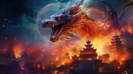 dragon in a fire dance against the background of Chinese architecture