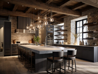 Captivating Harmony of Rustic and Modern: Enchanting Kitchen Bathed in Ambient Lighting