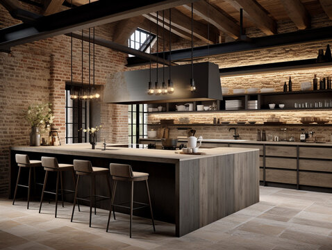 Captivating Harmony of Rustic and Modern: Enchanting Kitchen Bathed in Ambient Lighting