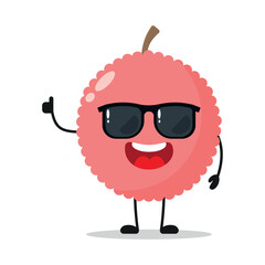 Cute happy lychee character wear sunglasses. Funny fruit greet friend cartoon emoticon in flat style. closet vector illustration
