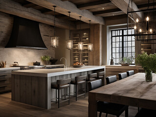 Captivating Harmony of Rustic and Modern: Enchanting Kitchen Bathed in Ambient Lighting