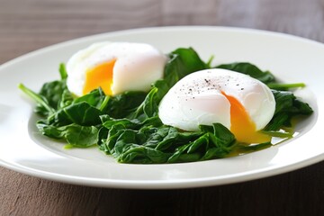 poached eggs on a bed of baby spinach leaves