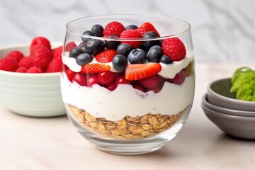 glass bowl with mixed berries, yogurt, and oats