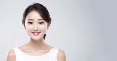 Portrait of young happy Chinese woman looks in camera, Skin care beauty, skincare cosmetics, dental concept isolated over white background.