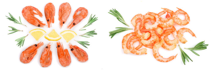 Red cooked prawn or shrimp with rosemary and lemon slice isolated on white background. Top view....