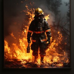 Fire fighter spraying embers from a fire in the forest