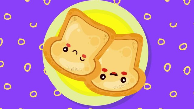 cute sliced toast bread and butter with funny character animation