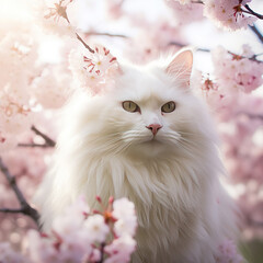 Naklejka na ściany i meble Cherry Blossom Gaze: A White Cat's Springtime Reverie