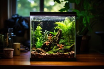 a small fish tank turned into a terrarium