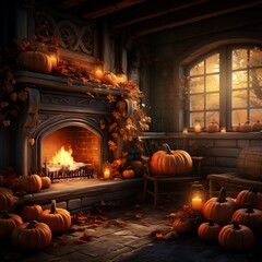 Fireplace room with red pumpkins by the fire
