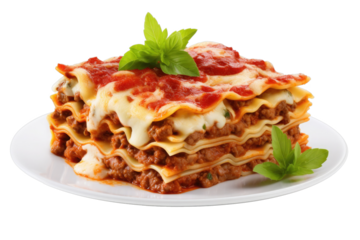 Lasagne isolated on white background. Piece of lasagna with bolognese sauce on plate. Italian cuisine