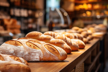 Loaves of bread in bakery shop. Freshly baked whole grain bread - obrazy, fototapety, plakaty