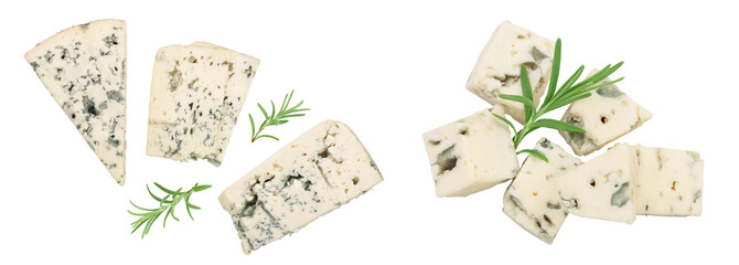 Blue cheese with rosemary isolated on white background with full depth of field. Top view. Flat lay.