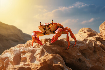 Red crab on stone with sea and mountains background - obrazy, fototapety, plakaty
