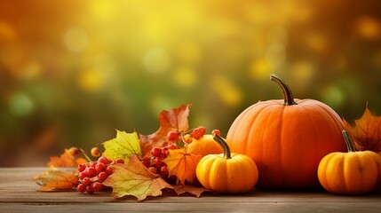 Thanksgiving or autumn scene with pumpkins, autumn leaves and berries on wooden table. Autumn background with copy space. Banner