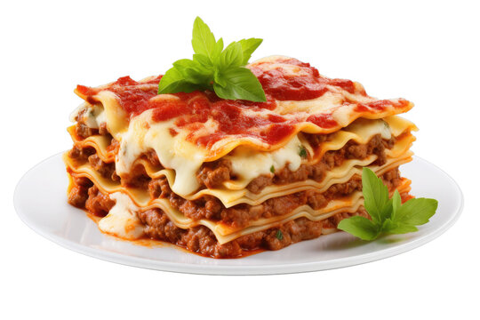 Lasagne isolated on white background. Piece of lasagna with bolognese sauce on plate. Italian cuisine