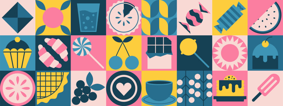 Abstract geometric food pattern. Organic bakery sweet dessert fruit simple shapes, caffe menu concept. Vector minimal banner