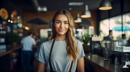 Portrait of a young woman in grey . indoor photo. in cafe,Coffee shop staff working