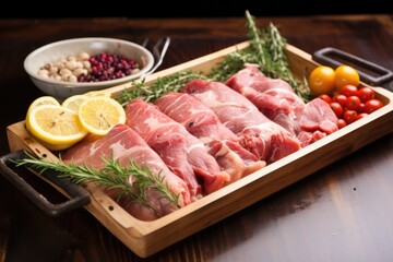 Fototapeta premium a tray of raw, well-marinated meat ready for grilling