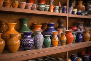 Fototapeta na wymiar multicolored moroccan pottery showcased on shelves