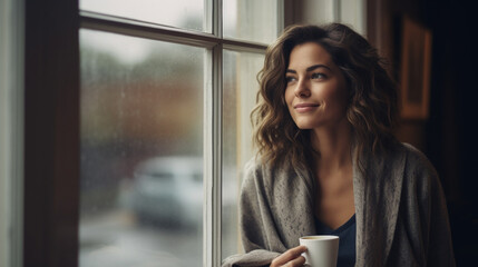 Beautiful Woman Daydreaming while having Coffee and Looking out the Window | Copy Space - obrazy, fototapety, plakaty