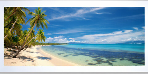 Fototapeta na wymiar Idyllic Paradise: Panoramic View of a Tropical Island Beach with Palm Trees and Crystal-Clear Water, Inviting Serenity and Escape
