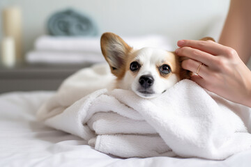 Smiling puppy little corgi dog after bath soap bubble foam wrapped in white towel, Just washed cute dog at home,