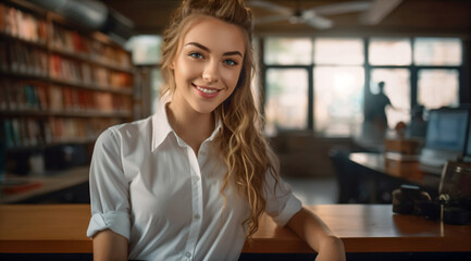 Portrait of a pretty young woman. indoor photo. in library,business person