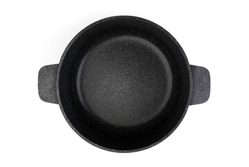 Empty marble coated iron pot or saucepan isolated on a white background. Top view.