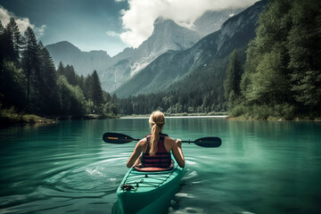 Blonde Adventurer: A Young Woman Explores the Serene Mountain Lake by Kayaking Amidst Lush Forest Scenery, ai generatice