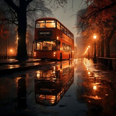 Flooded city double decker bus on flooded city