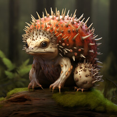 Picture of a cute mushroom hedgehog that looks like a frog with a mushroom back in a lush forest. Generative AI