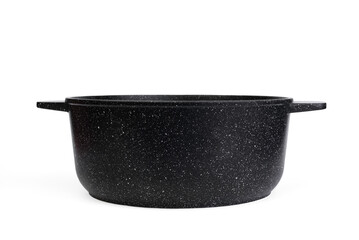 Empty marble coated iron pot or saucepan isolated on a white background.