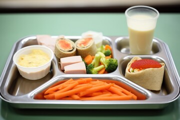 an appropriately portioned cafeteria tray meal