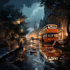 Papier Peint photo Bus rouge de Londres Flooded city with cityscape, bus in water on urban streets & water splashing