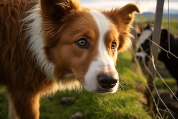 close-up shot of an icelandic dog looking at a cow behind the fence - obrazy, fototapety, plakaty
